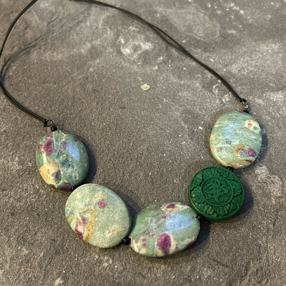 Modern Ruby Zoisite and Green Cinnabar Bead. Sterling lobster clasp/learger